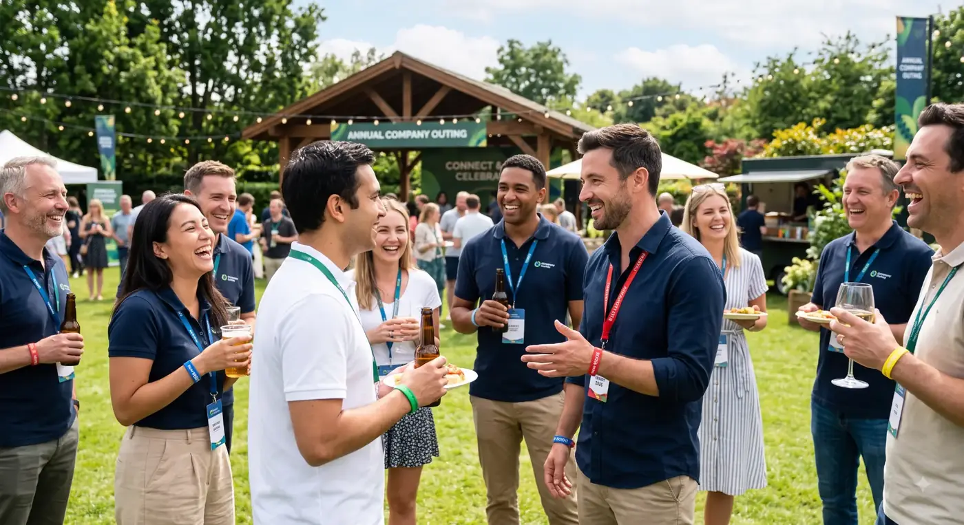 Collega's met polsbandjes en badges tijdens een bedrijfsuitje in de tuin