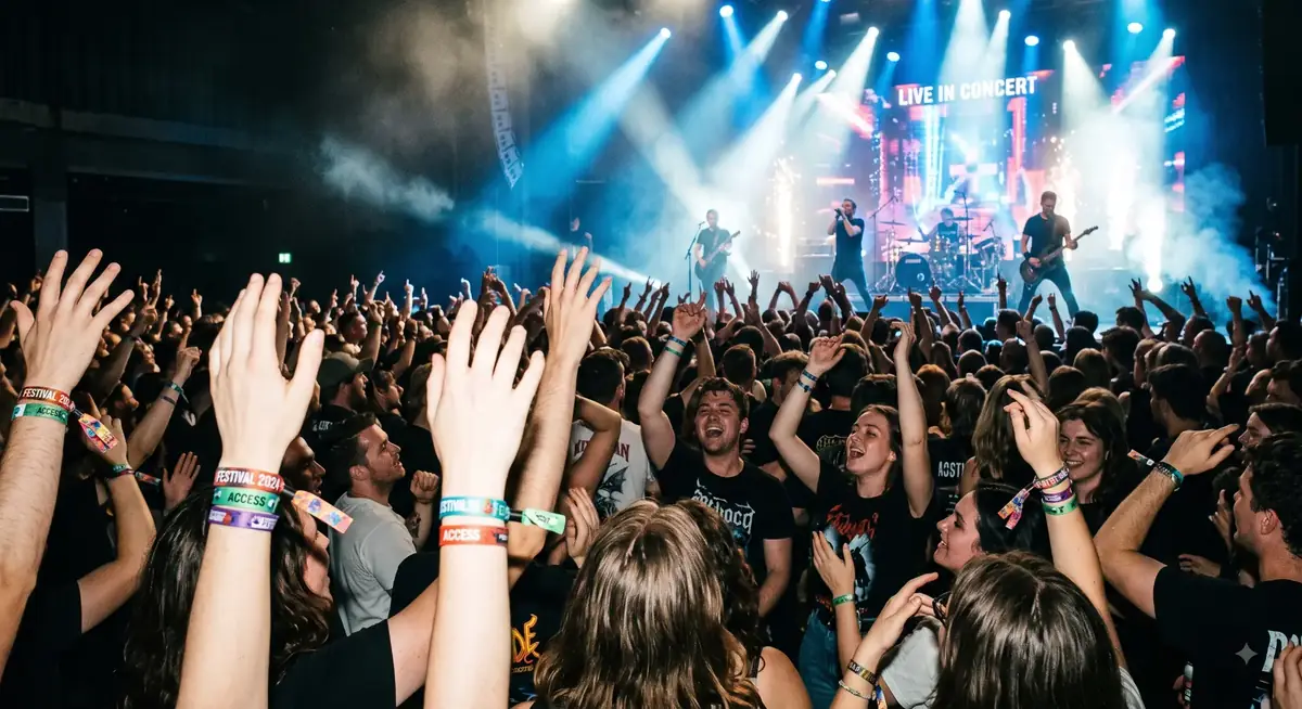 Festivalpubliek met polsbandjes voor het podium tijdens een concert