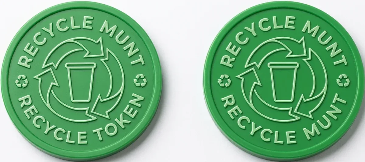 Bedrukte consumptiemunten in groen met eigen recycle-logo